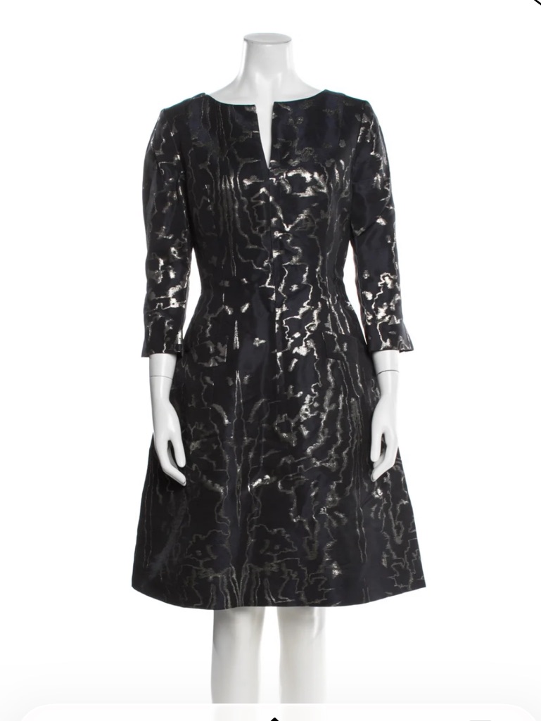 Euc Oscar De La Renta Elegant Navy And Silver Jacquard Dress Size 4